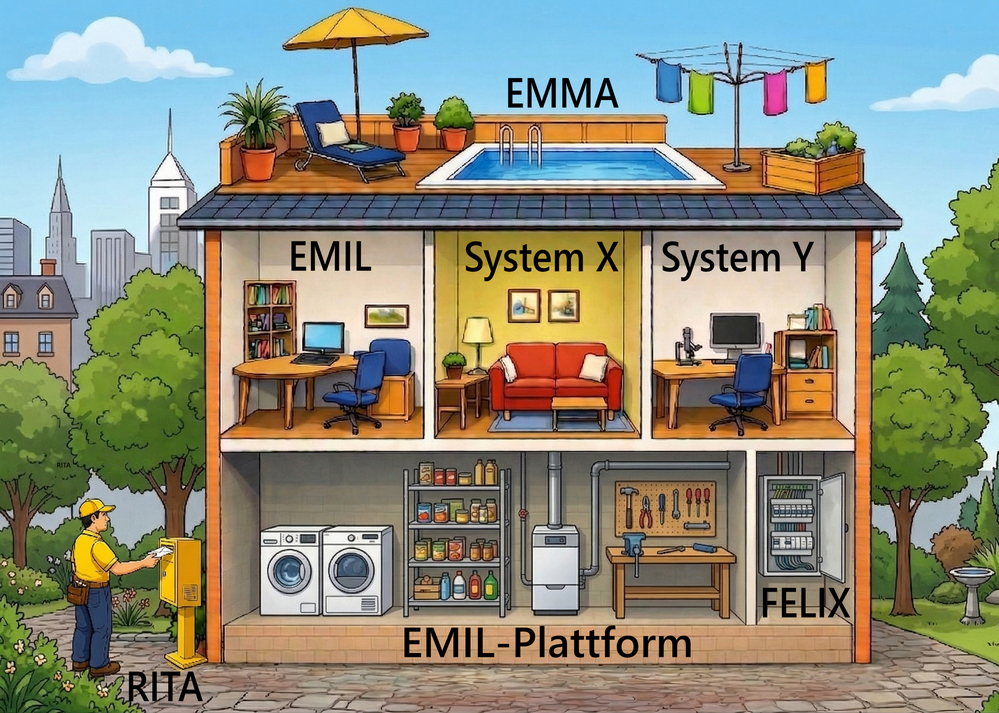 Schaubild EMIL Architektur - Haus mit Keller, Zimmern und Dachgarten