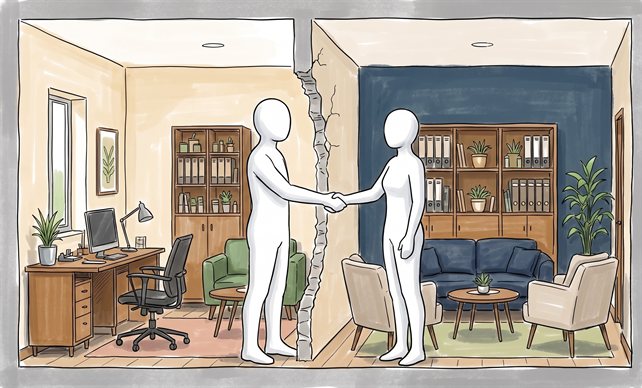 Gezeichnetes Schaubild kombinierter Systeme: Zwei Räume unterschiedlicher Einrichtung, links ein Arbeitszimmer, rechts ein Besprechungszimmer, sind durch einen Durchbruch in der Trennwand verbunden. Zwei Figuren reichen sich durch die Öffnung die Hand – zwei Systeme teilen sich eine gemeinsame Datenbank.